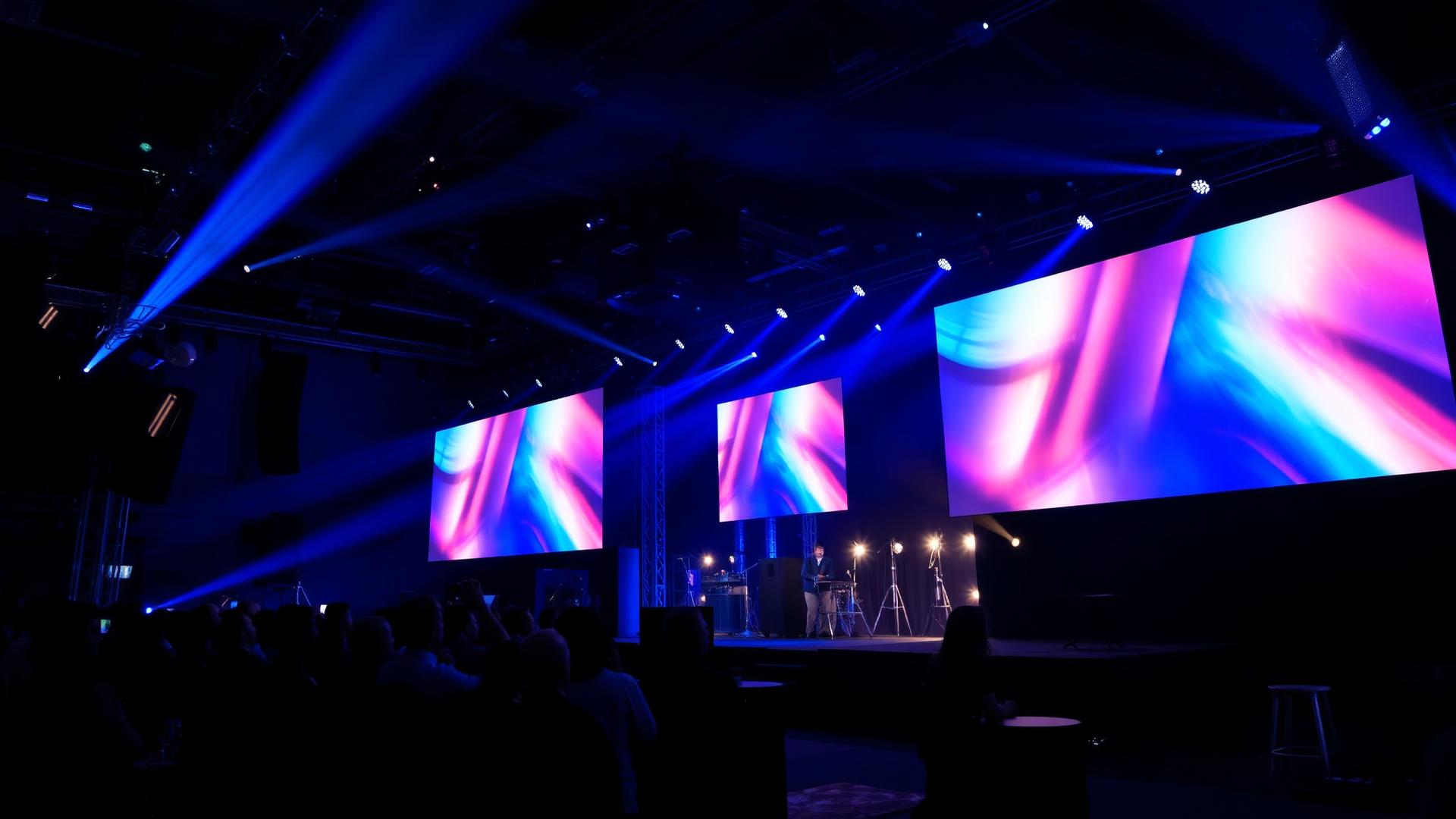 Live event production with stage lighting and large screens